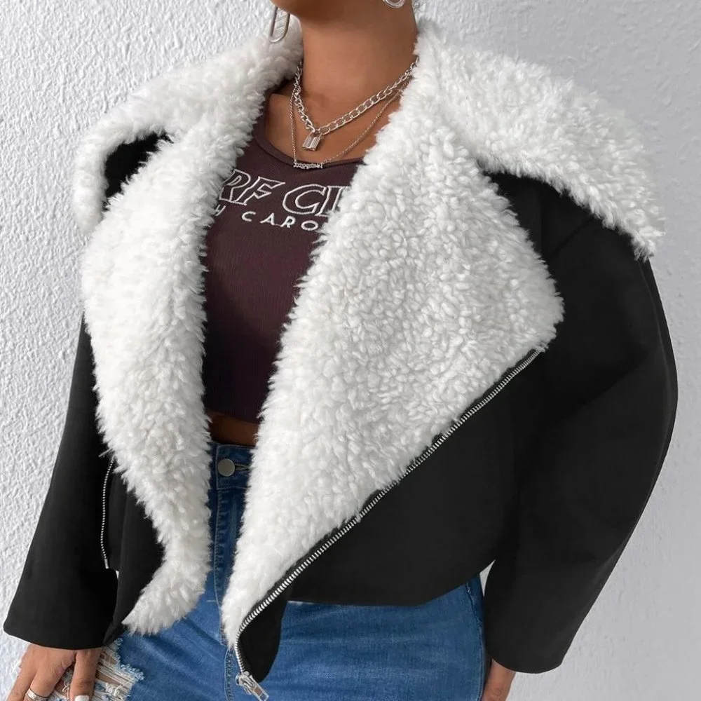 PLUS teddy lined PU leather moto jacket casual contemporary - Picture 2 of 5